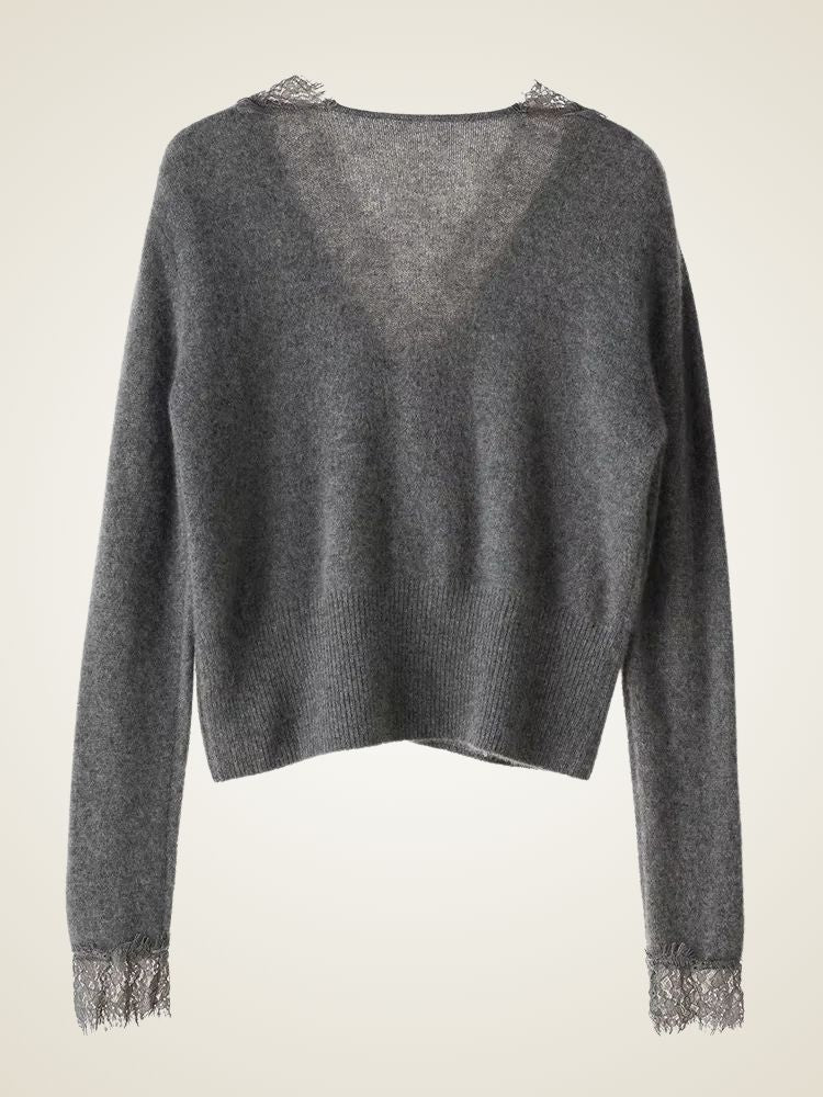 LanlyCashmere Women's Lace Trim Cashmere Cardigan V Neck Knit