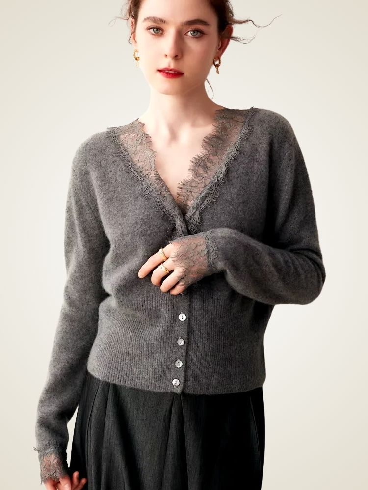LanlyCashmere Women's Lace Trim Cashmere Cardigan V Neck Knit