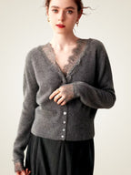 LanlyCashmere Women's Lace Trim Cashmere Cardigan V Neck Knit