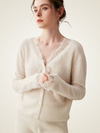 LanlyCashmere Women's Lace Trim Cashmere Cardigan V Neck Knit
