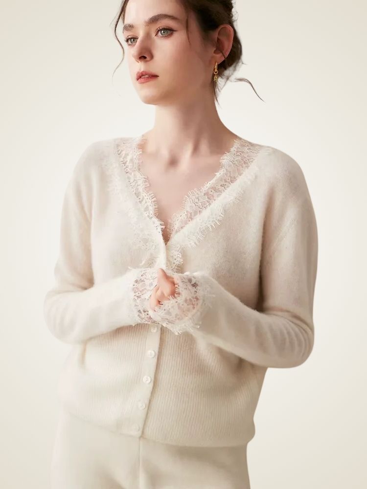 LanlyCashmere Women's Lace Trim Cashmere Cardigan V Neck Knit