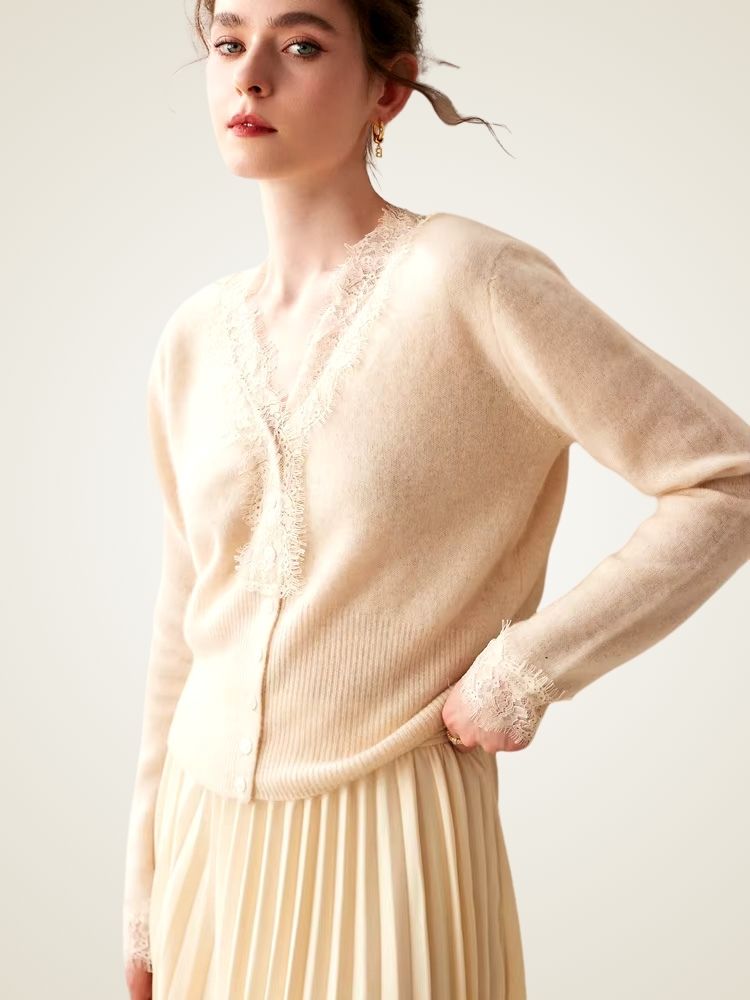 LanlyCashmere Women's Lace Trim Cashmere Cardigan V Neck Knit