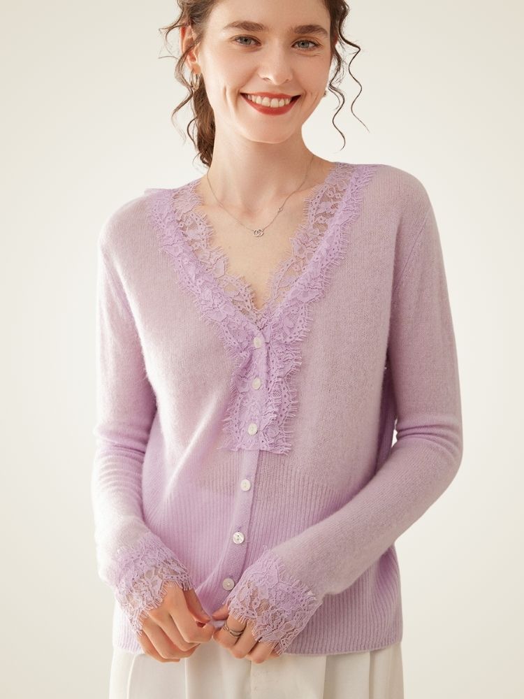 LanlyCashmere Women's Lace Trim Cashmere Cardigan V Neck Knit