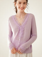 LanlyCashmere Women's Lace Trim Cashmere Cardigan V Neck Knit