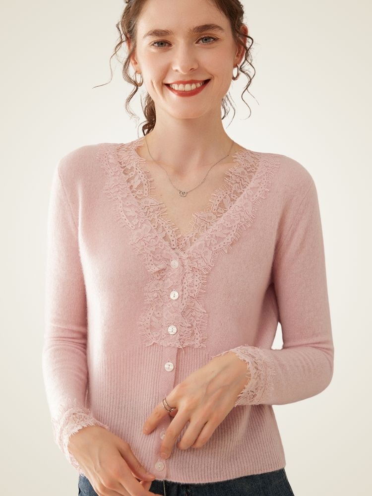 LanlyCashmere Women's Lace Trim Cashmere Cardigan V Neck Knit