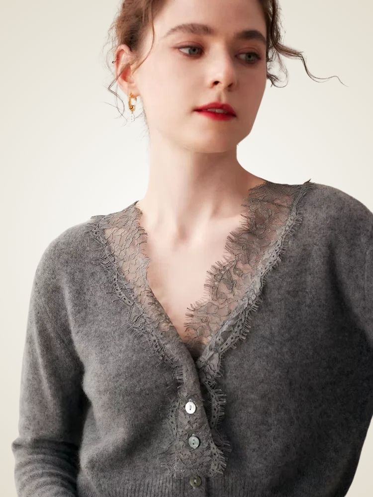 LanlyCashmere Women's Lace Trim Cashmere Cardigan V Neck Knit