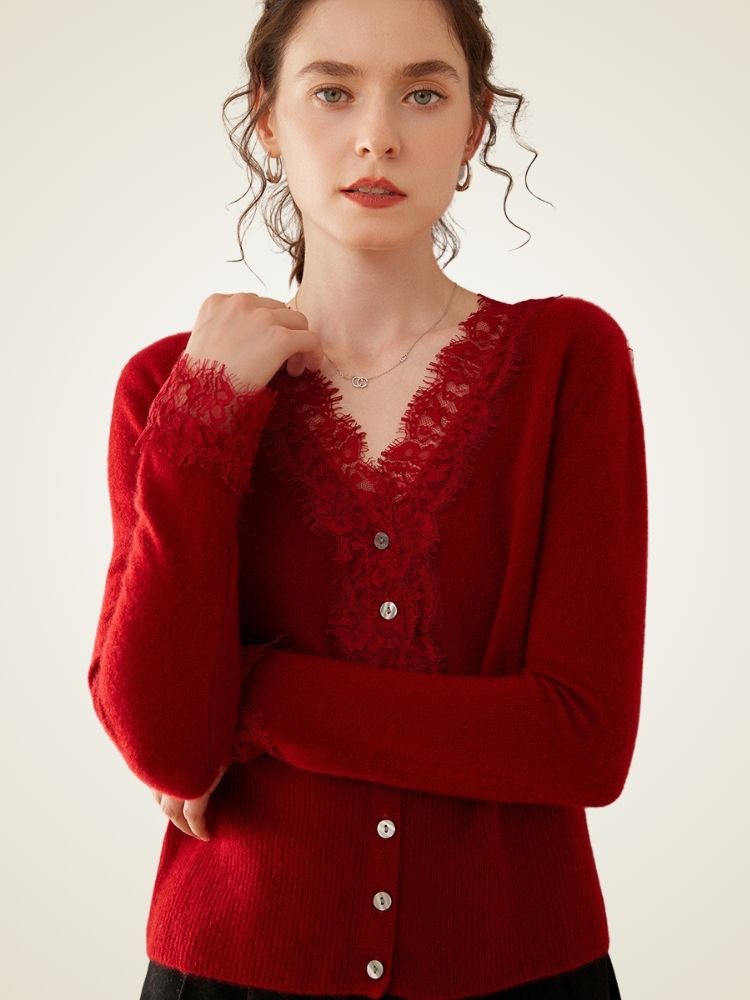 LanlyCashmere Women's Lace Trim Cashmere Cardigan V Neck Knit