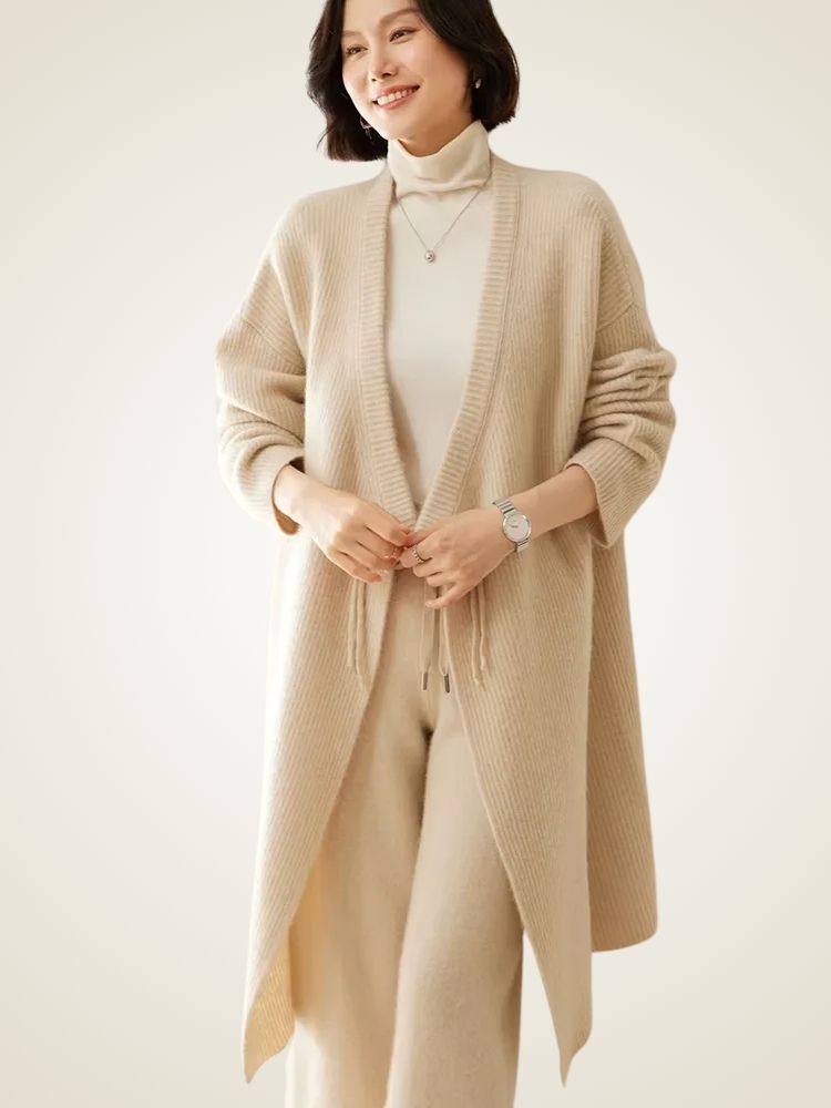 LanlyCashmere Women's Long Cashmere Cardigan Open Front Knit