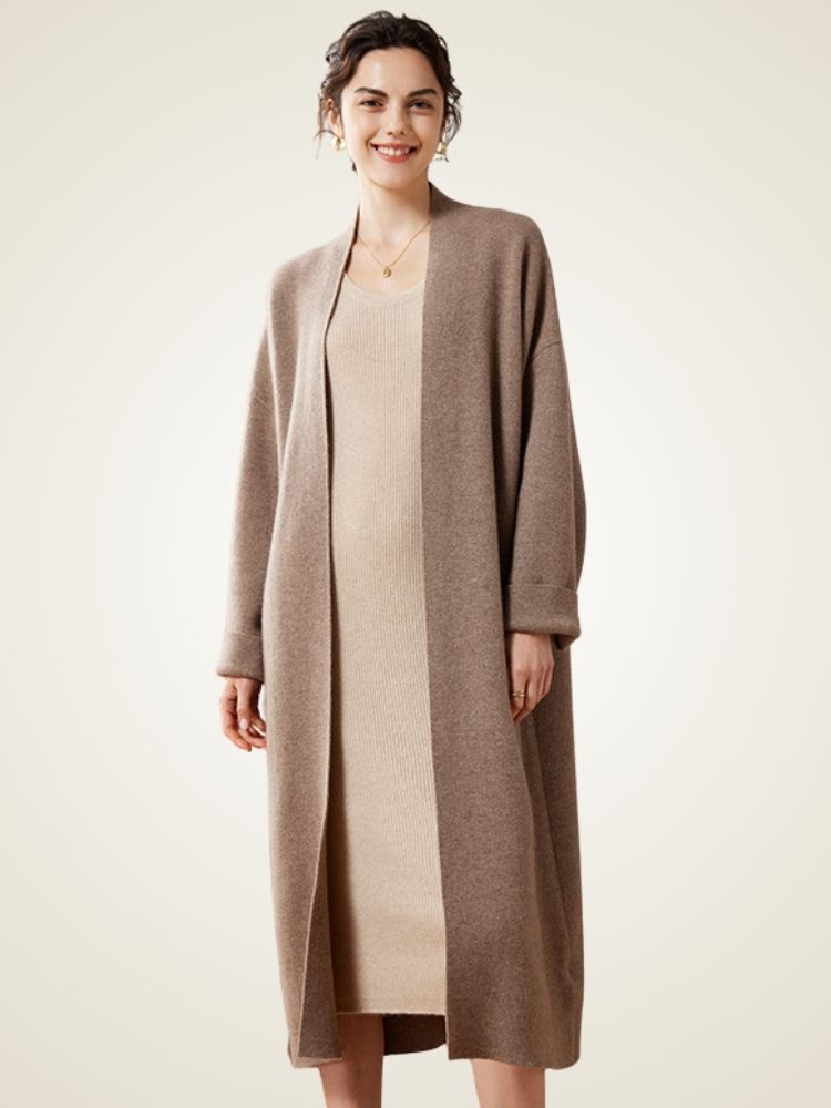 LanlyCashmere Women’s Long Cashmere Cardigan – Open Front Knit Coatigan