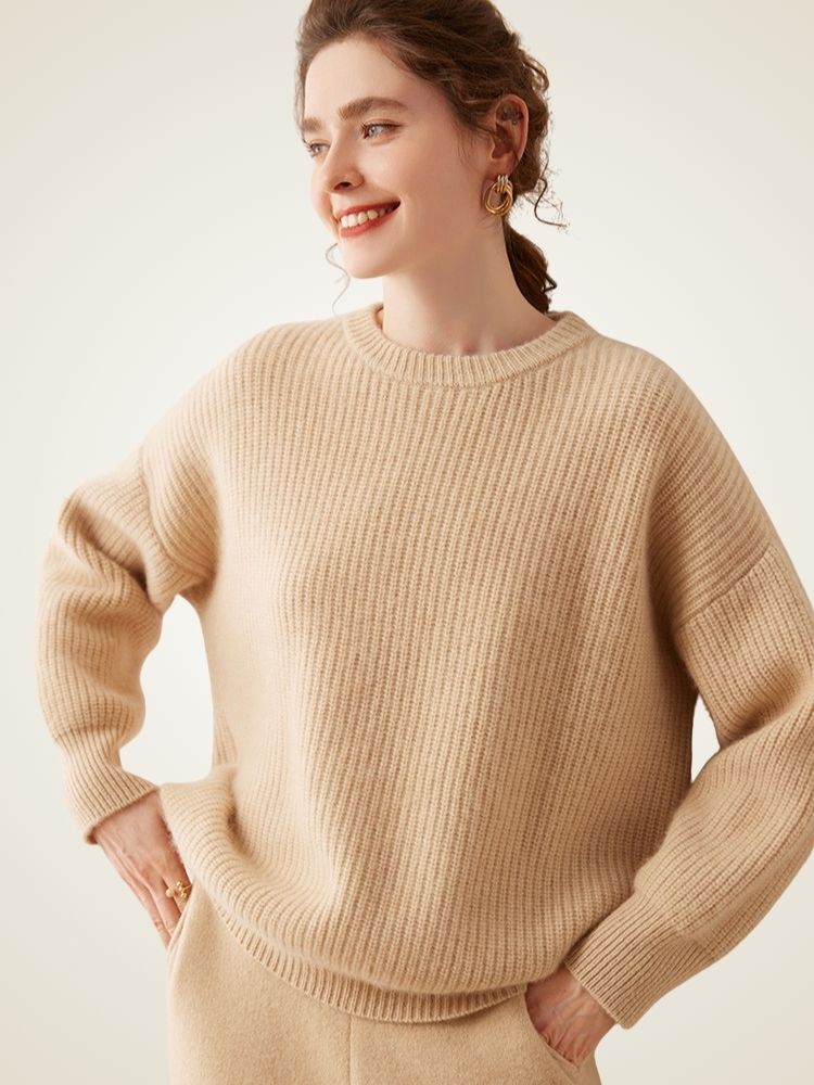 LanlyCashmere Women’s Ribbed Cashmere Sweater – Relaxed Fit Crewneck Knit