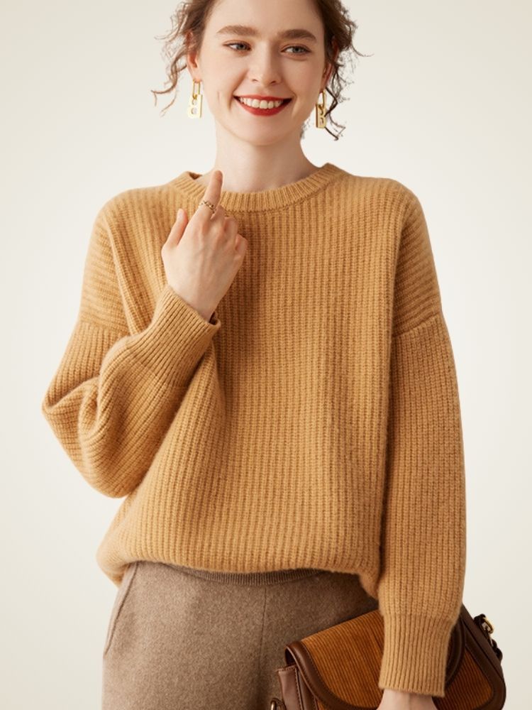LanlyCashmere Women’s Ribbed Cashmere Sweater – Relaxed Fit Crewneck Knit