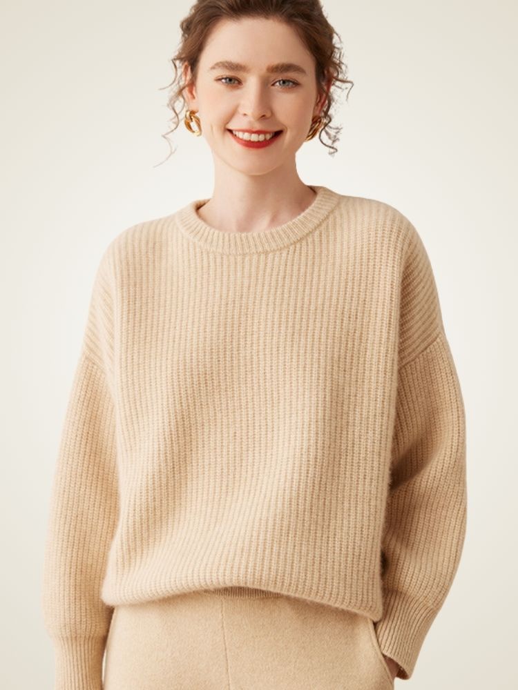 LanlyCashmere Women’s Ribbed Cashmere Sweater – Relaxed Fit Crewneck Knit