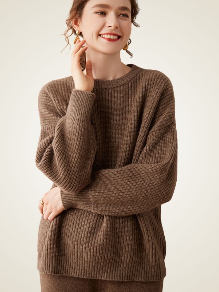 LanlyCashmere Women’s Ribbed Cashmere Sweater – Relaxed Fit Crewneck Knit
