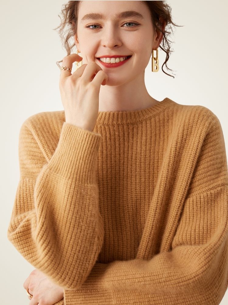 LanlyCashmere Women’s Ribbed Cashmere Sweater – Relaxed Fit Crewneck Knit