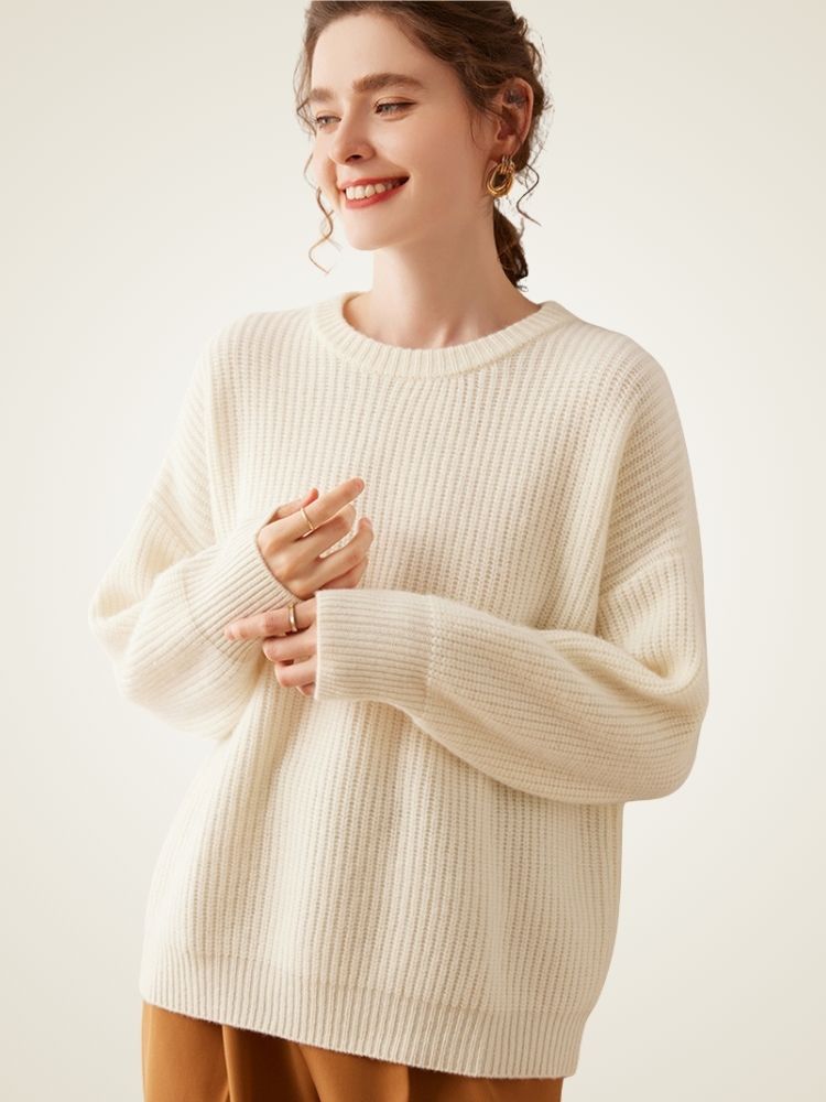 LanlyCashmere Women’s Ribbed Cashmere Sweater – Relaxed Fit Crewneck Knit