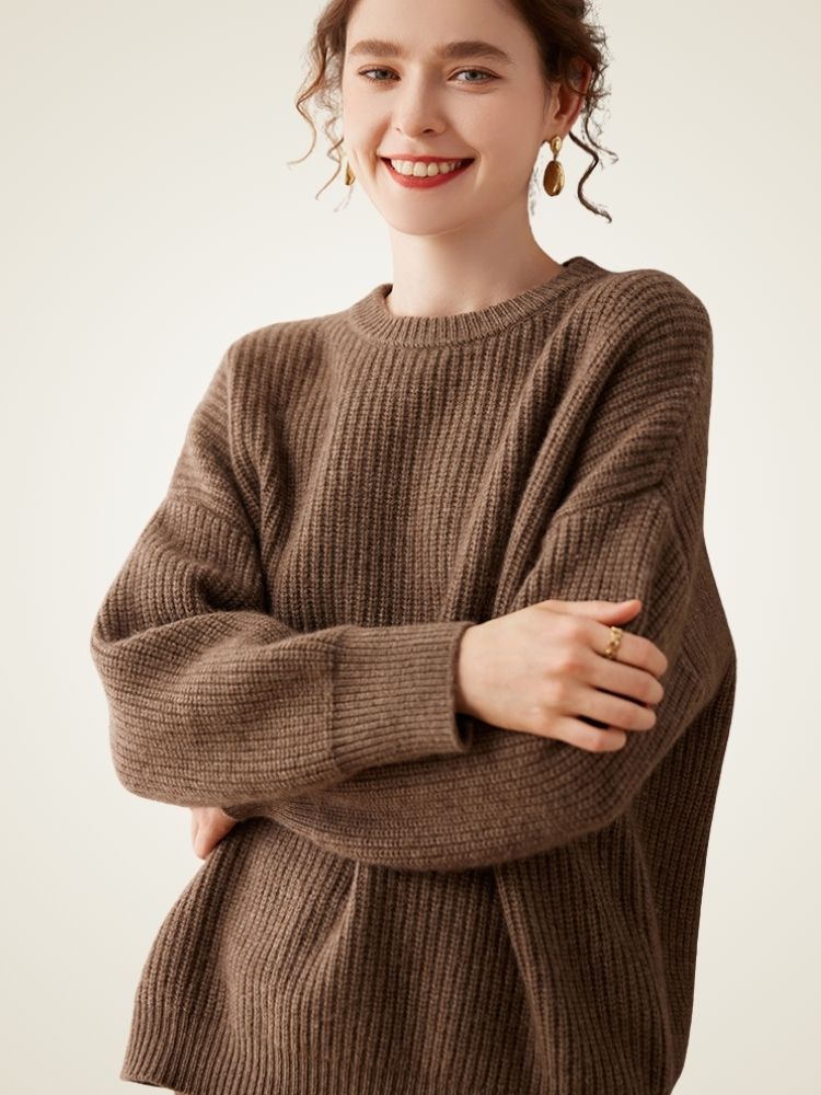 LanlyCashmere Women’s Ribbed Cashmere Sweater – Relaxed Fit Crewneck Knit
