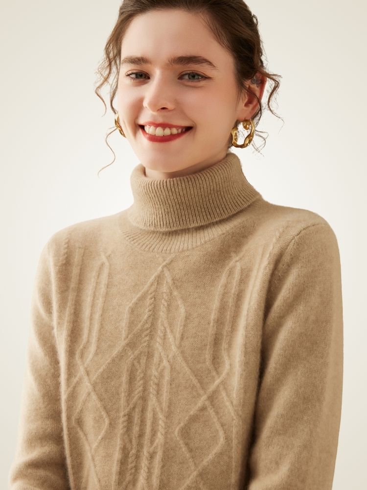 LanlyCashmere Women's Textured Cashmere Turtleneck Sweater