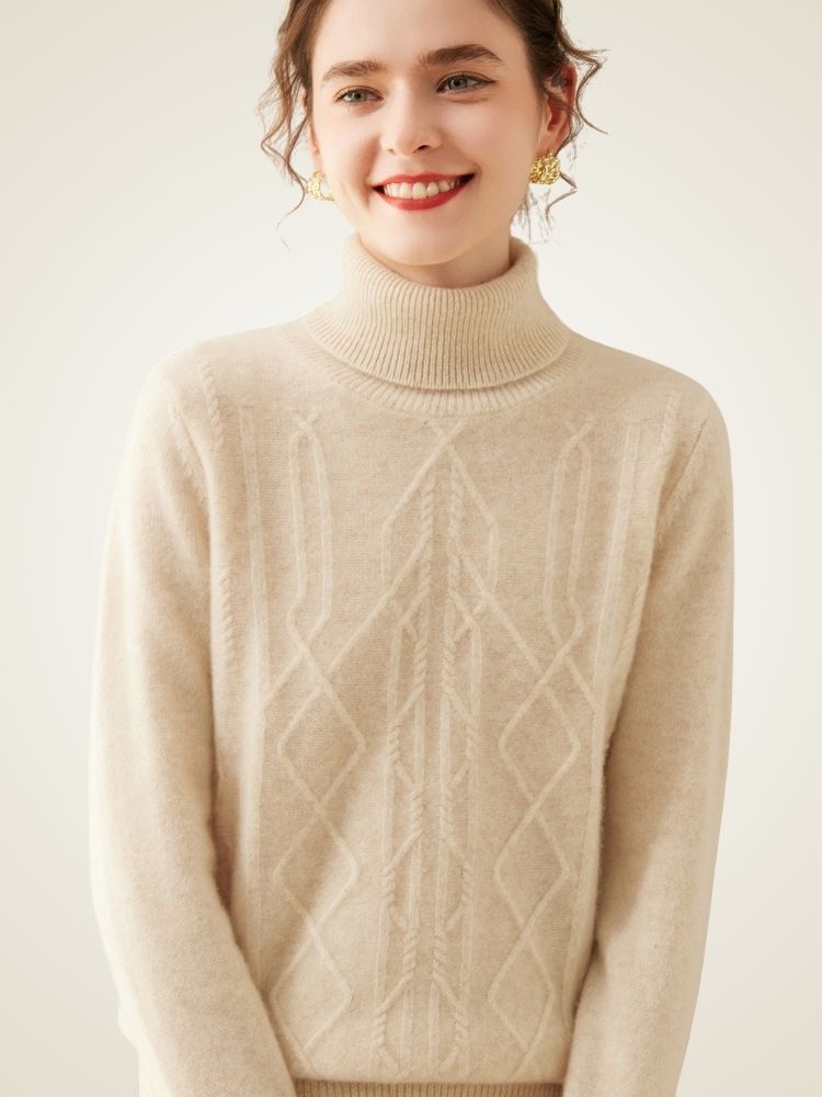 LanlyCashmere Women's Textured Cashmere Turtleneck Sweater