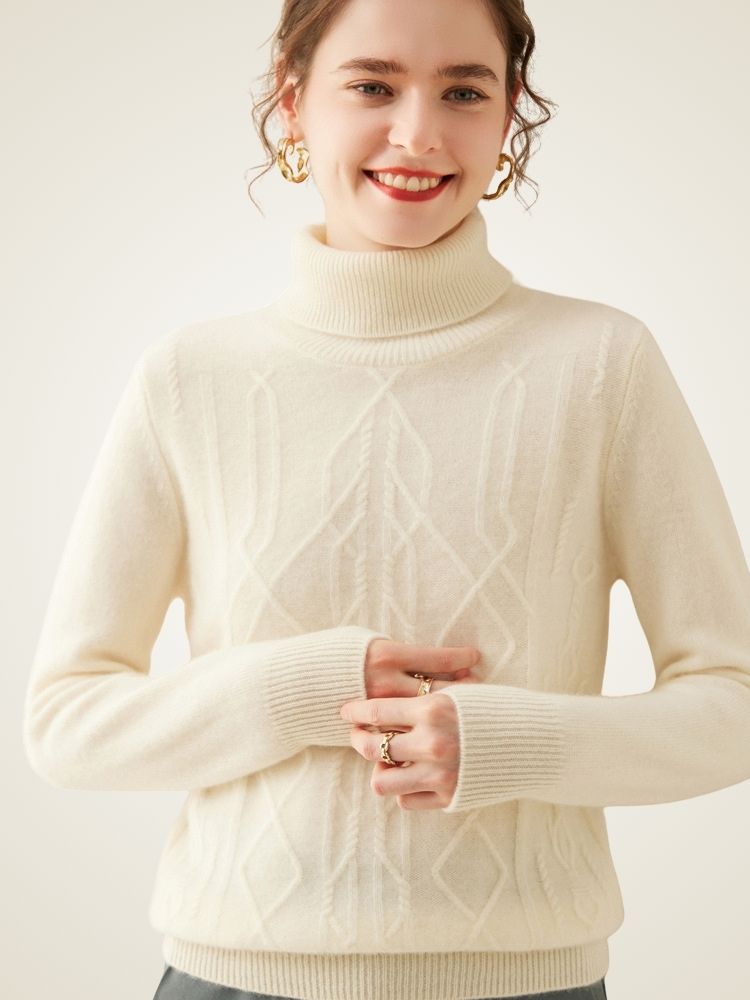 LanlyCashmere Women's Textured Cashmere Turtleneck Sweater