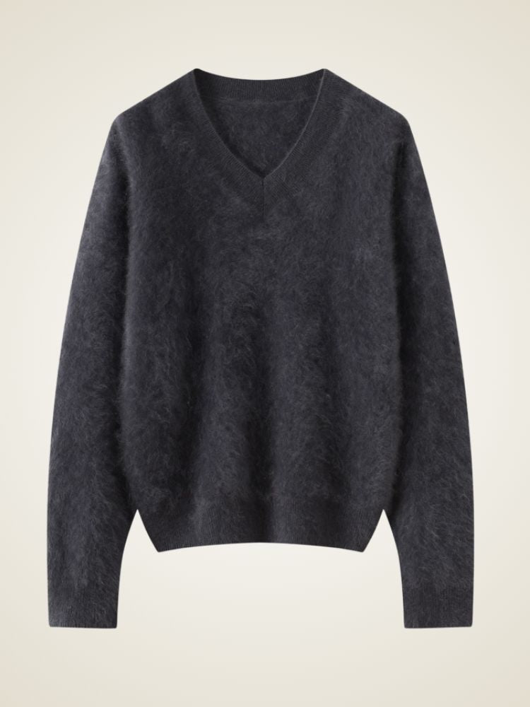 Lanly Cashmere Brushed V-Neck Sweater - Mongolia Loose Knit Pullover