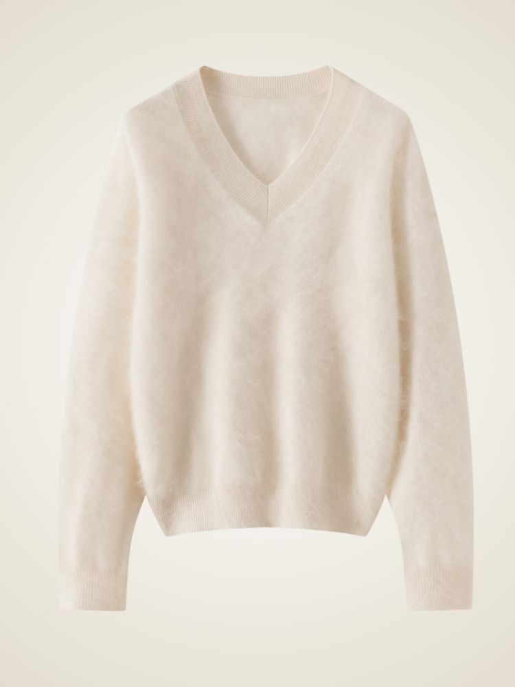 Lanly Cashmere Brushed V-Neck Sweater - Mongolia Loose Knit Pullover