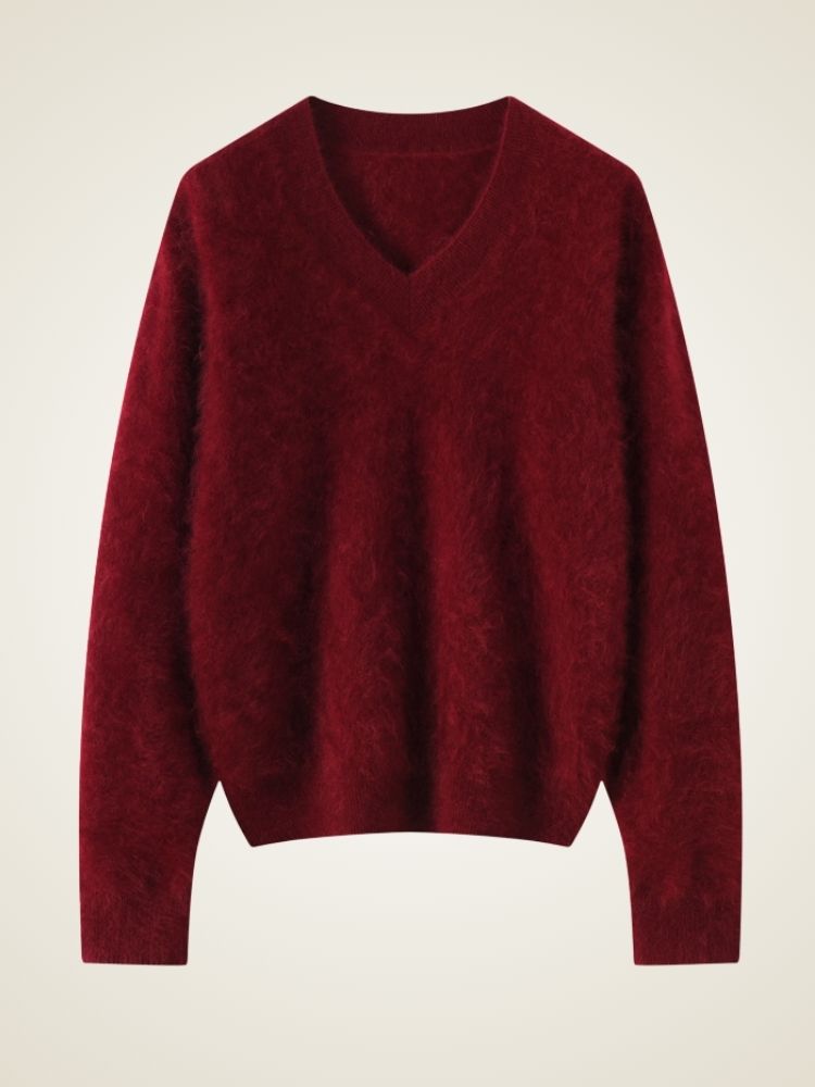 Lanly Cashmere Brushed V-Neck Sweater - Mongolia Loose Knit Pullover