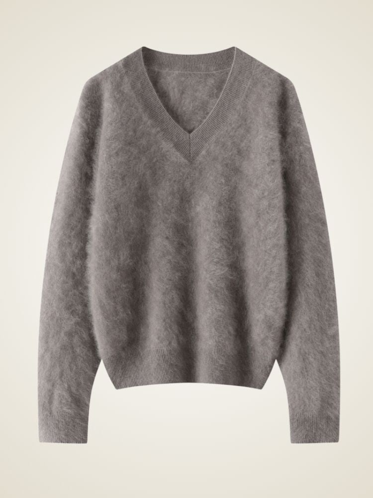 Lanly Cashmere Brushed V-Neck Sweater - Mongolia Loose Knit Pullover