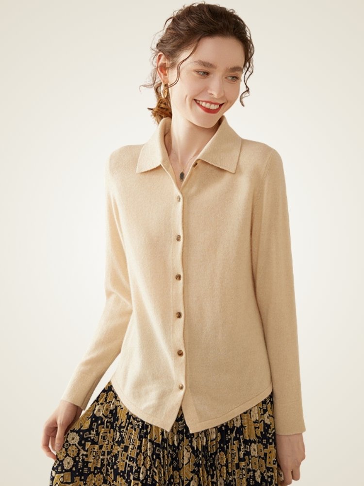 Lanly Cashmere Button-Down Shirt Cardigan - Mongolia Cashmere Polo Sweater