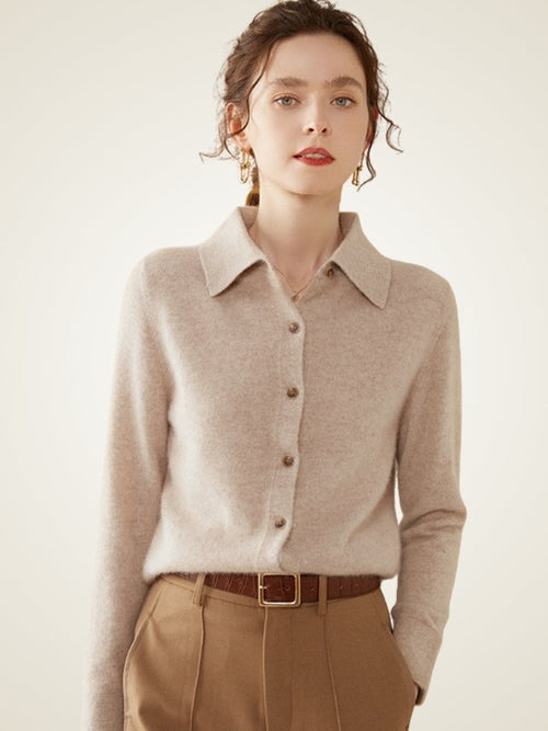 Lanly Cashmere Button-Down Shirt Cardigan - Mongolia Cashmere Polo Sweater