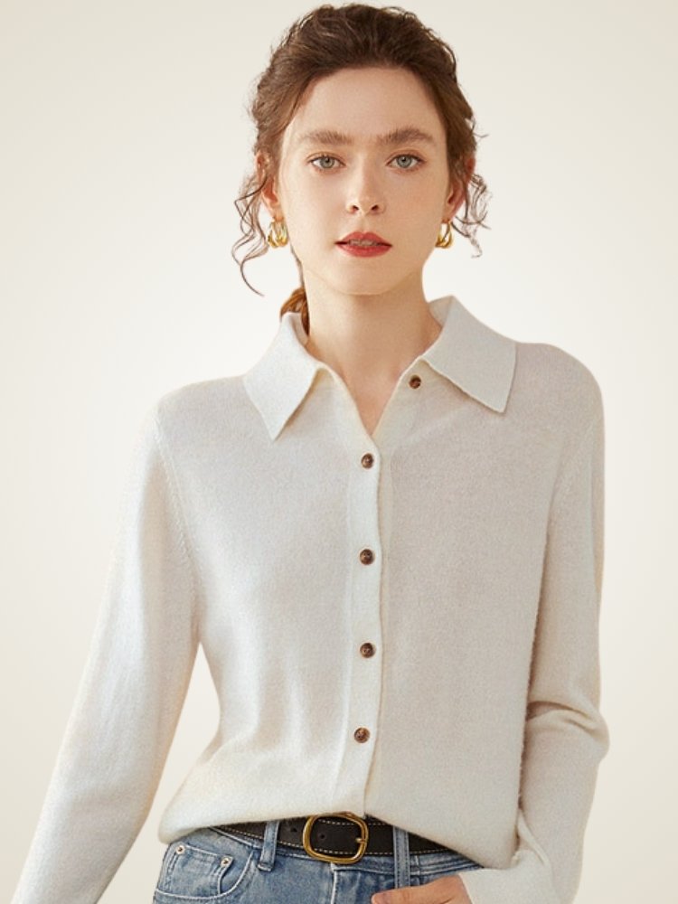 Lanly Cashmere Button-Down Shirt Cardigan - Mongolia Cashmere Polo Sweater