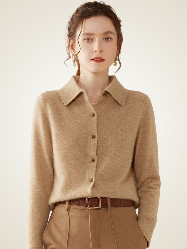Lanly Cashmere Button-Down Shirt Cardigan - Mongolia Cashmere Polo Sweater