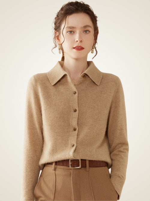 Lanly Cashmere Button-Down Shirt Cardigan - Mongolia Cashmere Polo Sweater