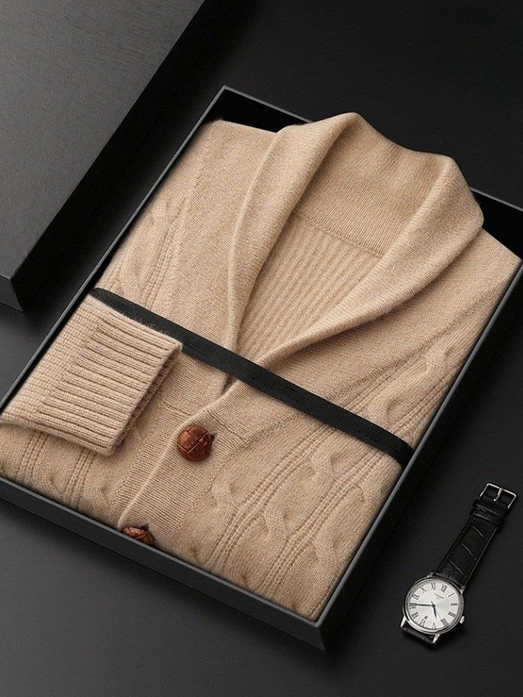 Lanly Cashmere Cable-Knit Shawl Cardigan - Thick Mongolia Cashmere Button Sweater