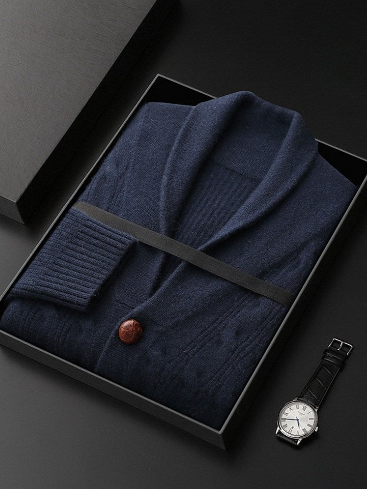 Lanly Cashmere Cable-Knit Shawl Cardigan - Thick Mongolia Cashmere Button Sweater