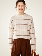 Lanly Cashmere Cable-Knit Striped Sweater - Mongolia Cashmere Crewneck