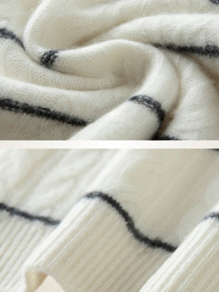 Lanly Cashmere Cable-Knit Striped Sweater - Mongolia Cashmere Crewneck