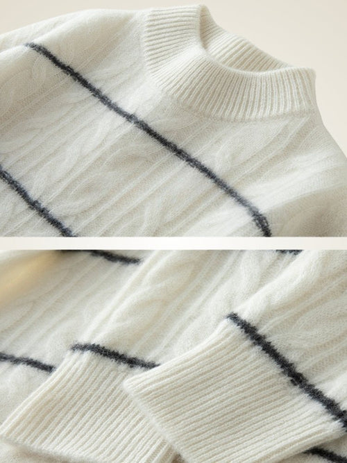 Lanly Cashmere Cable-Knit Striped Sweater - Mongolia Cashmere Crewneck