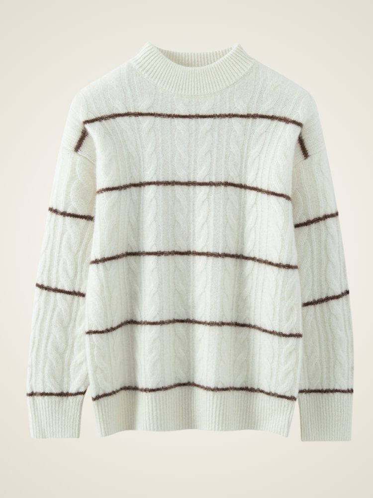 Lanly Cashmere Cable-Knit Striped Sweater - Mongolia Cashmere Crewneck