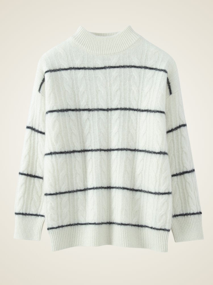 Lanly Cashmere Cable-Knit Striped Sweater - Mongolia Cashmere Crewneck