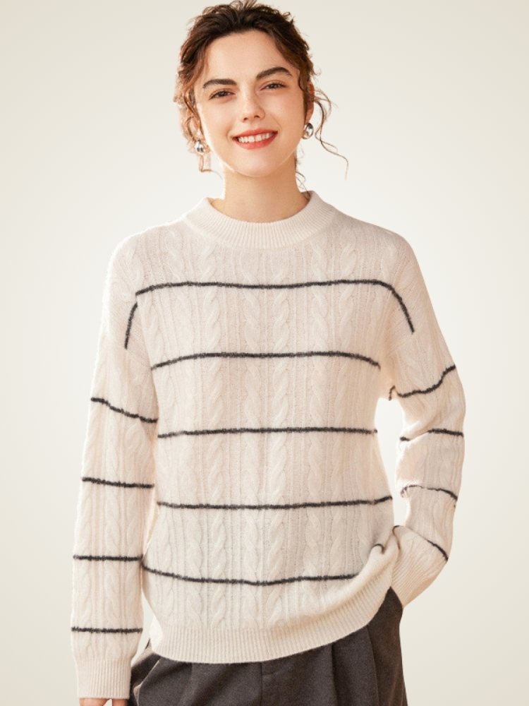 Lanly Cashmere Cable-Knit Striped Sweater - Mongolia Cashmere Crewneck
