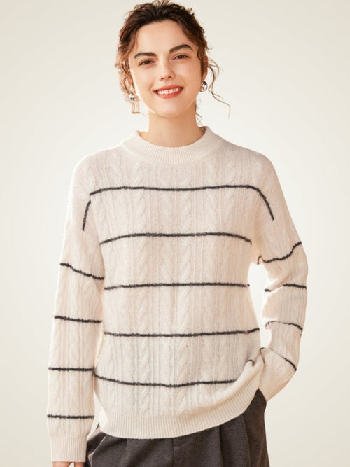 Lanly Cashmere Cable-Knit Striped Sweater - Mongolia Cashmere Crewneck