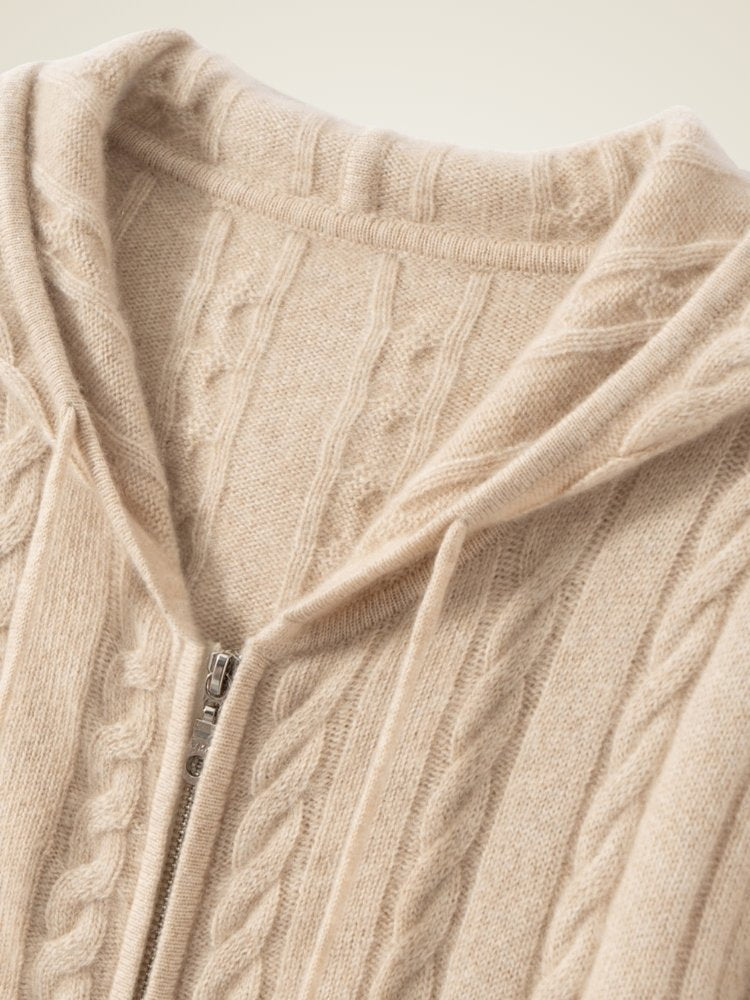 Lanly Cashmere Cable Knit Hoodie - Mongolia Zip-Up Cardigan