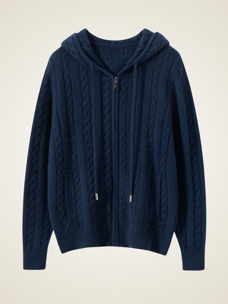 Lanly Cashmere Cable Knit Hoodie - Mongolia Zip-Up Cardigan