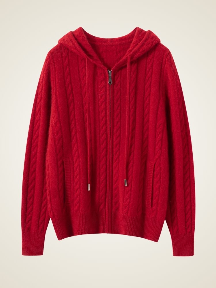 Lanly Cashmere Cable Knit Hoodie - Mongolia Zip-Up Cardigan