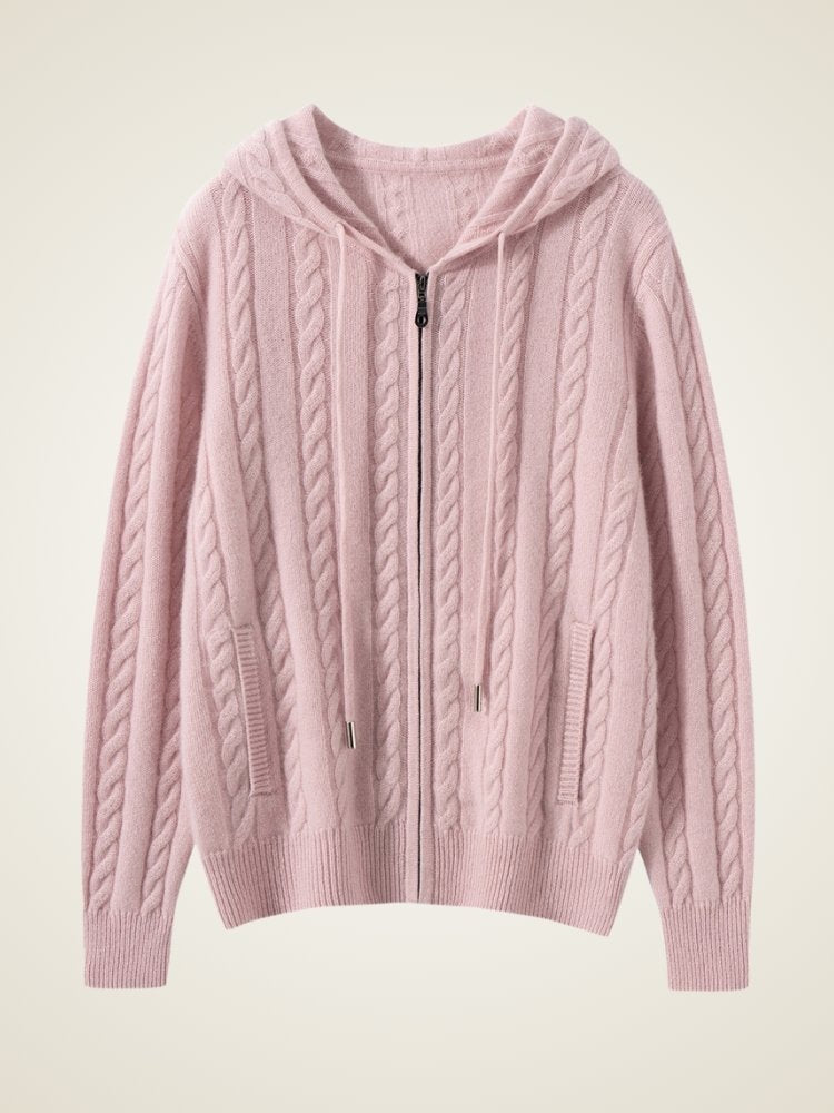 Lanly Cashmere Cable Knit Hoodie - Mongolia Zip-Up Cardigan