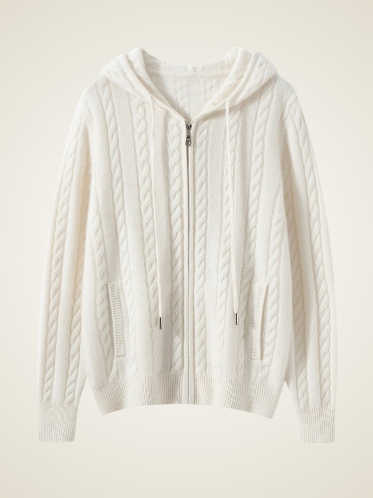 Lanly Cashmere Cable Knit Hoodie - Mongolia Zip-Up Cardigan