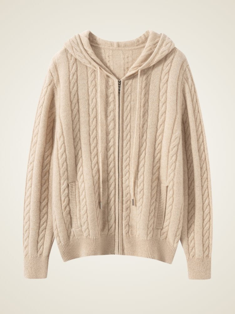Lanly Cashmere Cable Knit Hoodie - Mongolia Zip-Up Cardigan