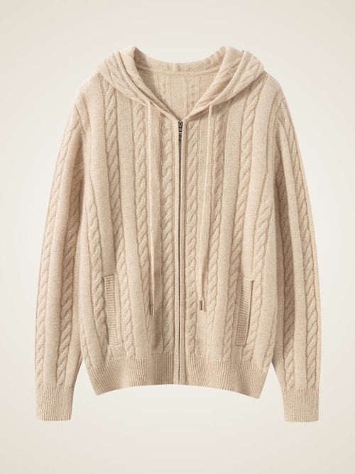 Lanly Cashmere Cable Knit Hoodie - Mongolia Zip-Up Cardigan