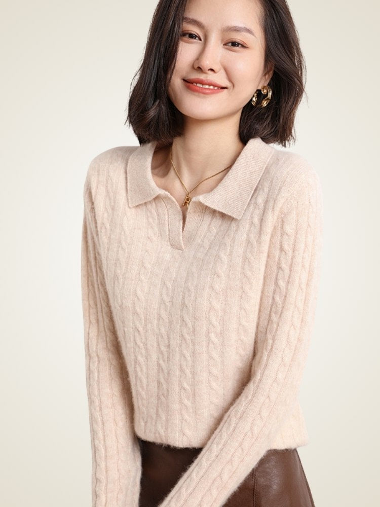Lanly Cashmere Cable Knit Polo Sweater - Mongolia Cashmere V-Neck Pullover