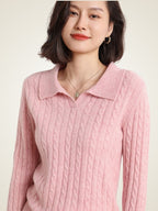 Lanly Cashmere Cable Knit Polo Sweater - Mongolia Cashmere V-Neck Pullover